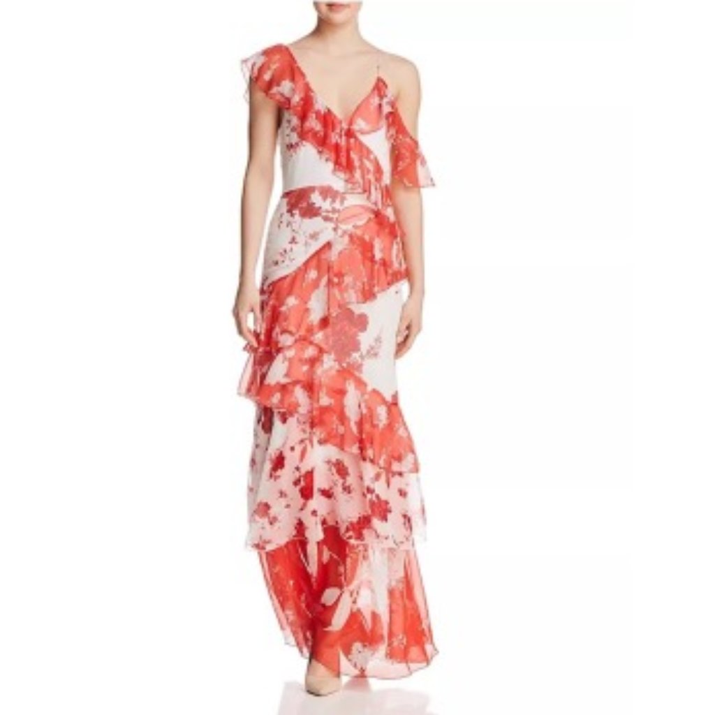Alice And Olivia Olympia Silk Long Maxi Flower Dress Size 0 In Red And White